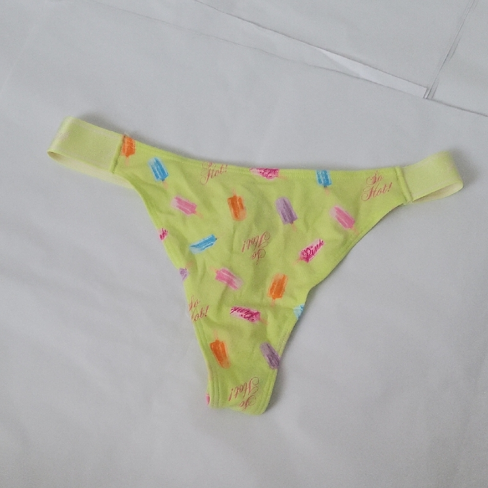 PINK Victoria's Secret Neon Yellow Thong with Multicolor Ice Cream Print